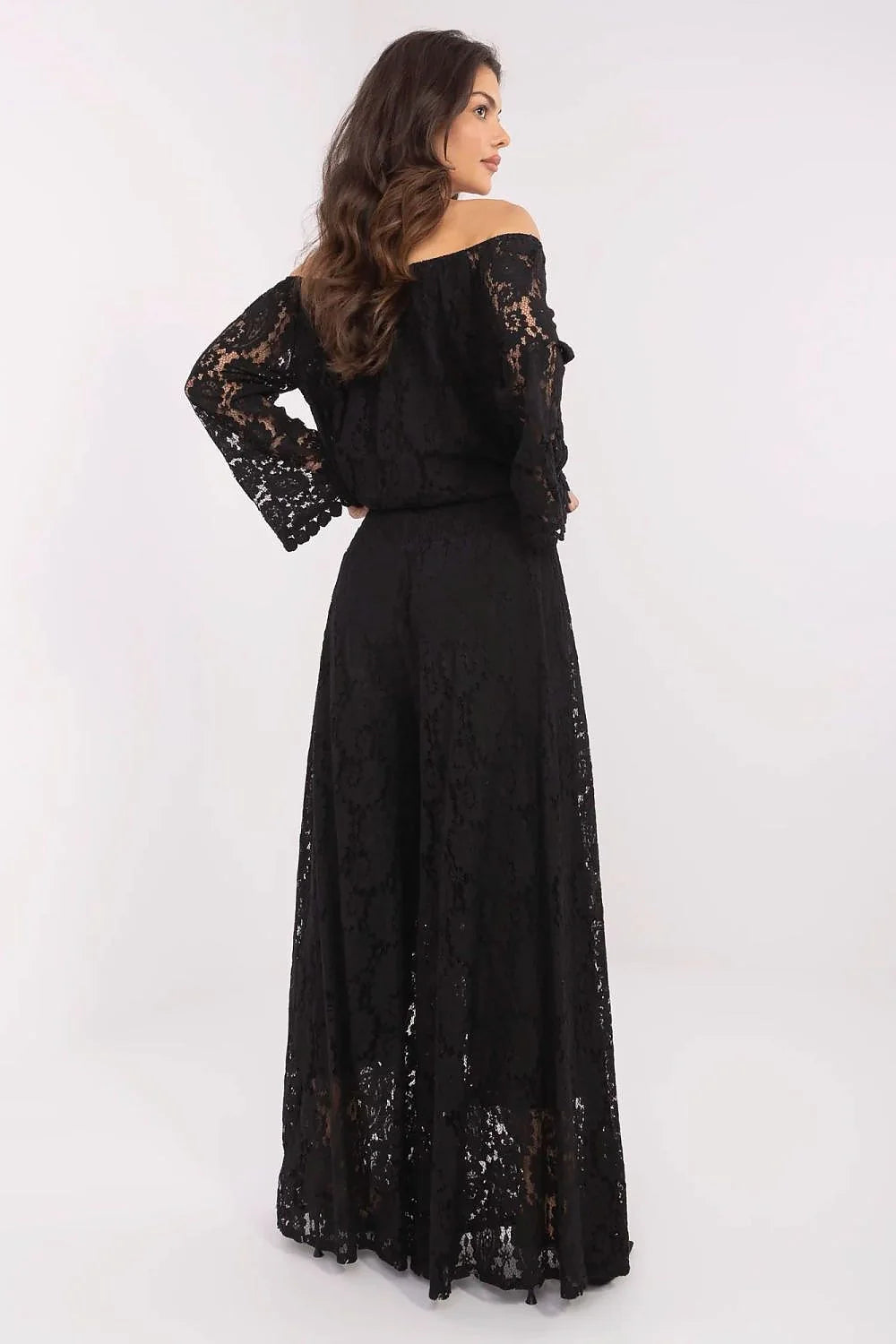 dentelle noire florale transparente doublure coton nylon légère respirante manches longues évasées encolure bardot coupe ample pantalon palazzo