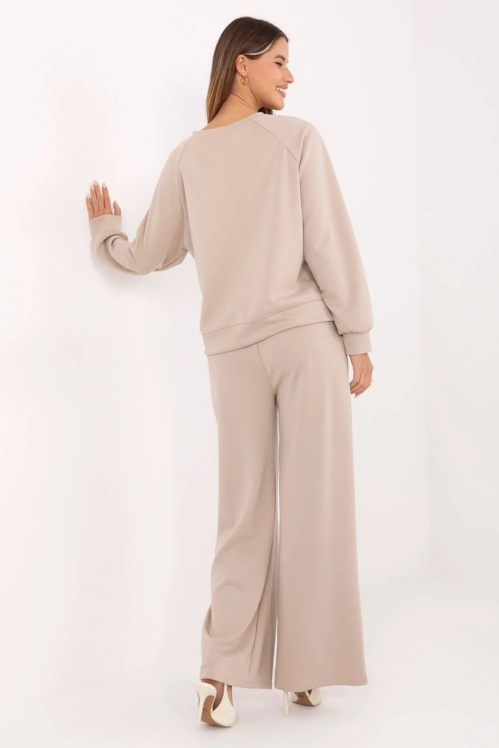 ensemble survêtement femme sweat col rond oversize pantalon jambe large taille haute élastique jersey doux extensible viscose polyester élasthanne poches