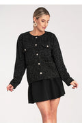 blazer femme élégante tweed noir carreaux subtils boutons argentés coupe droite manches longues encolure ronde poches plaquées texture bouclée
