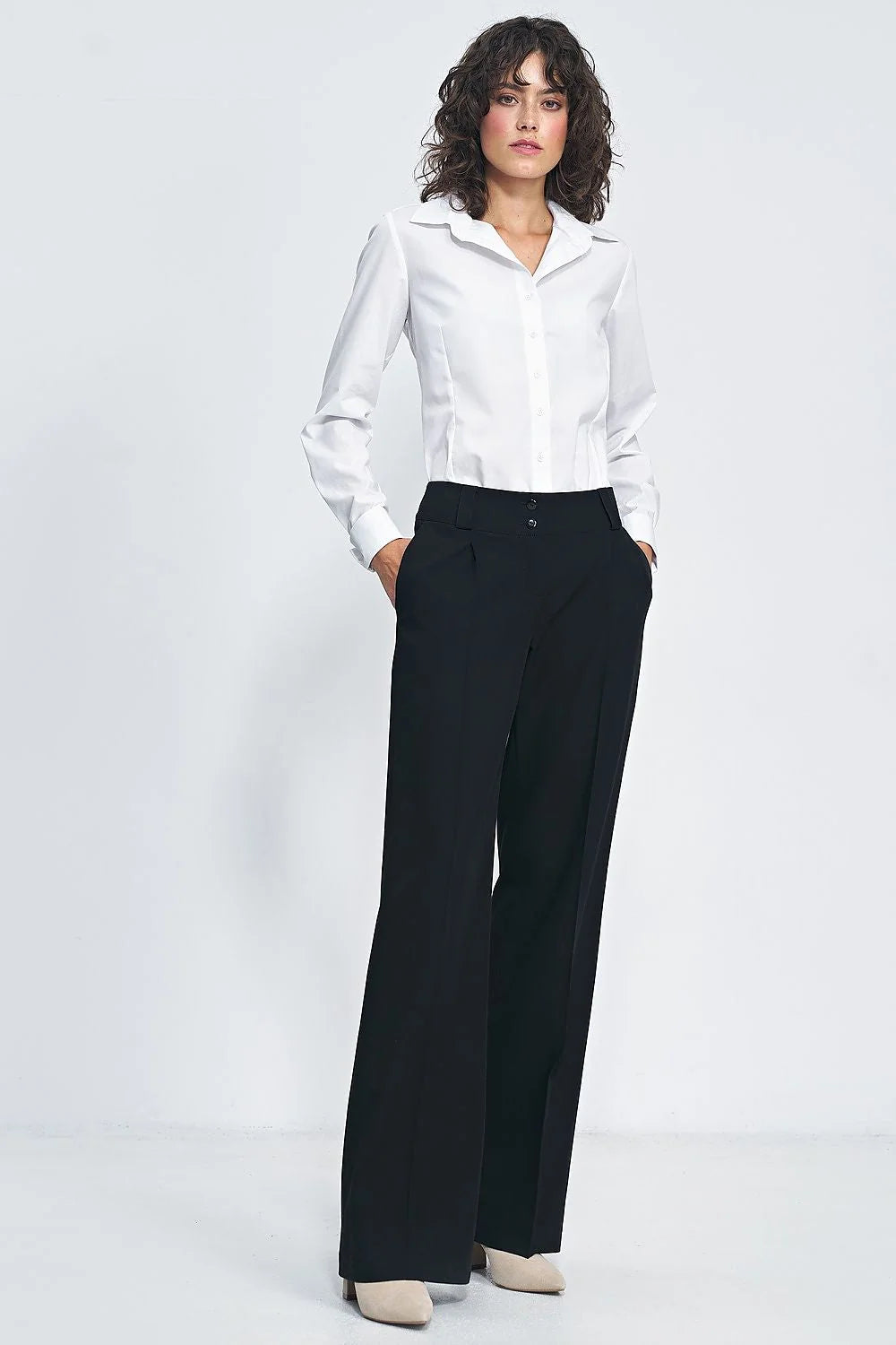 Pantalon long Nife style tailleur élégance professionnelle femme noir profond jambes larges taille haute ceinture ajustable matière confortable
