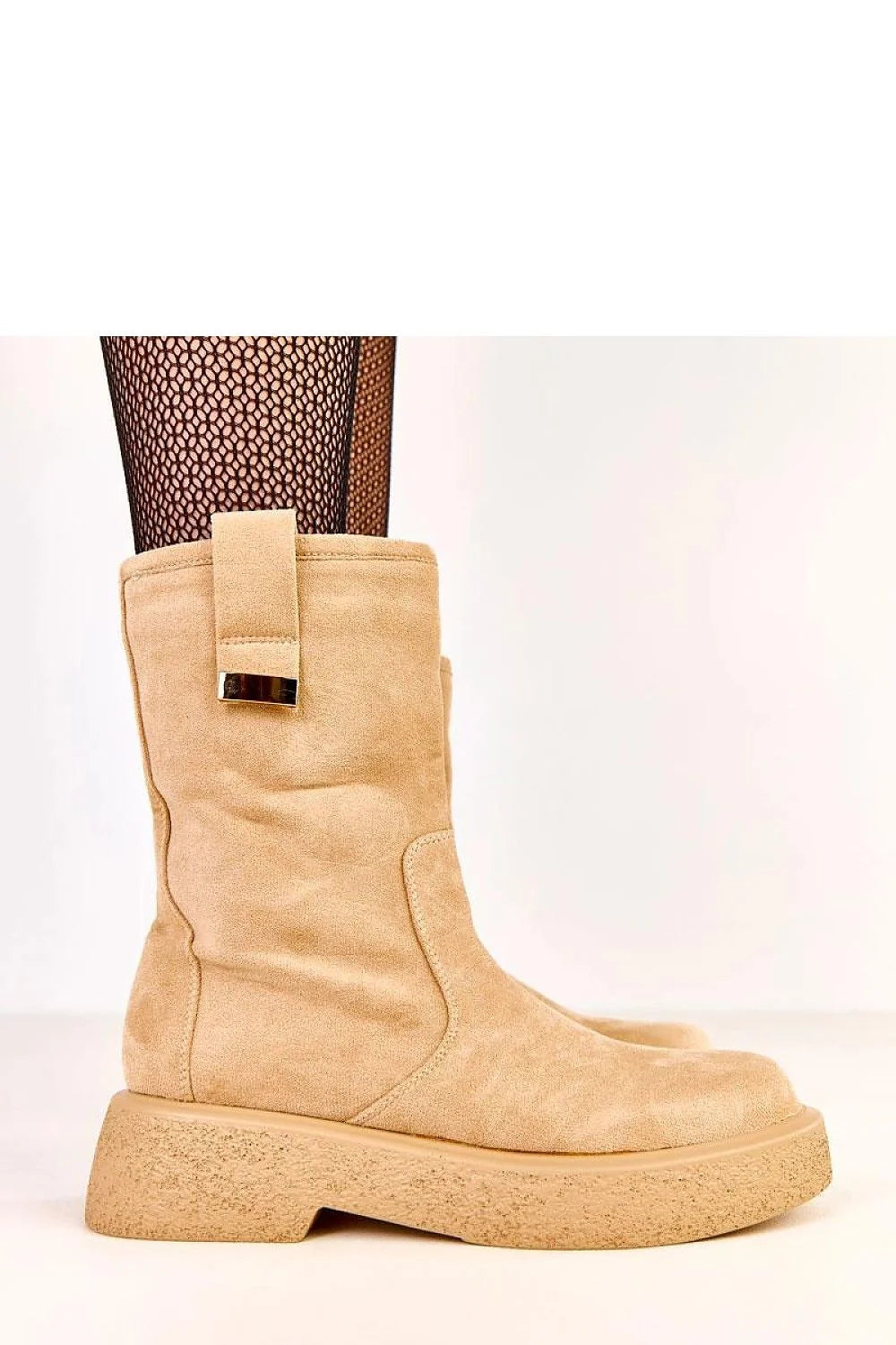 bottines femme mi mollet cuir suédé écologique beige clair bout rond plateforme 5cm semelle texturée fermeture éclair latérale détail métallique