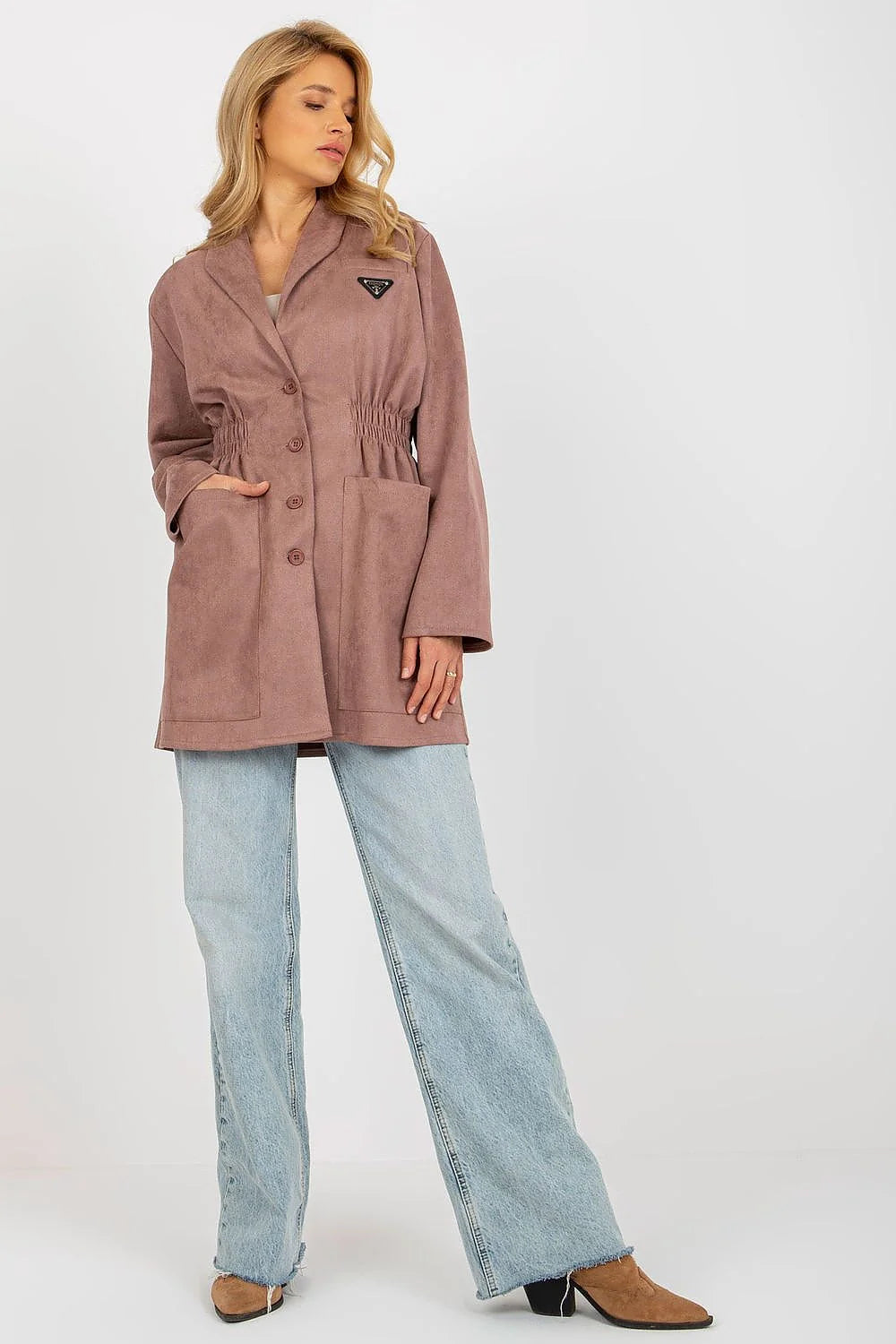 Manteau pour femme en daim synthétique rose mauve, coupe droite, longueur totale 83 cm, poches plaquées, tailles universelles