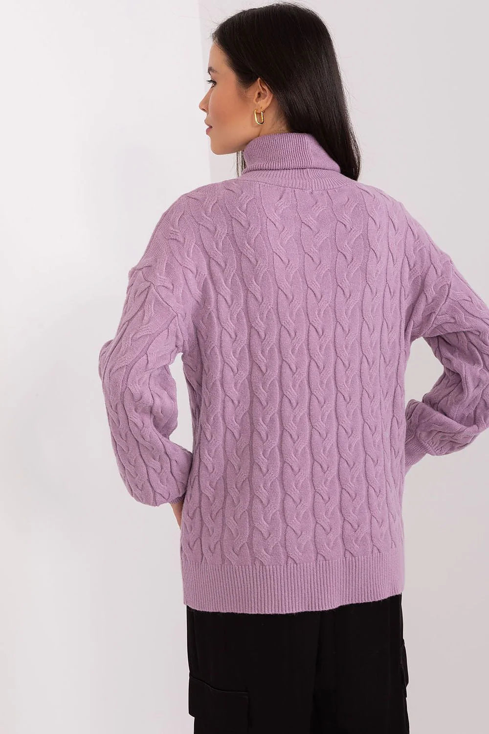 Pull col roulé torsadé pour femme, texture écossaise, manches longues, couleur lilas, coupe ample, finitions côtelées, vêtement hivernal