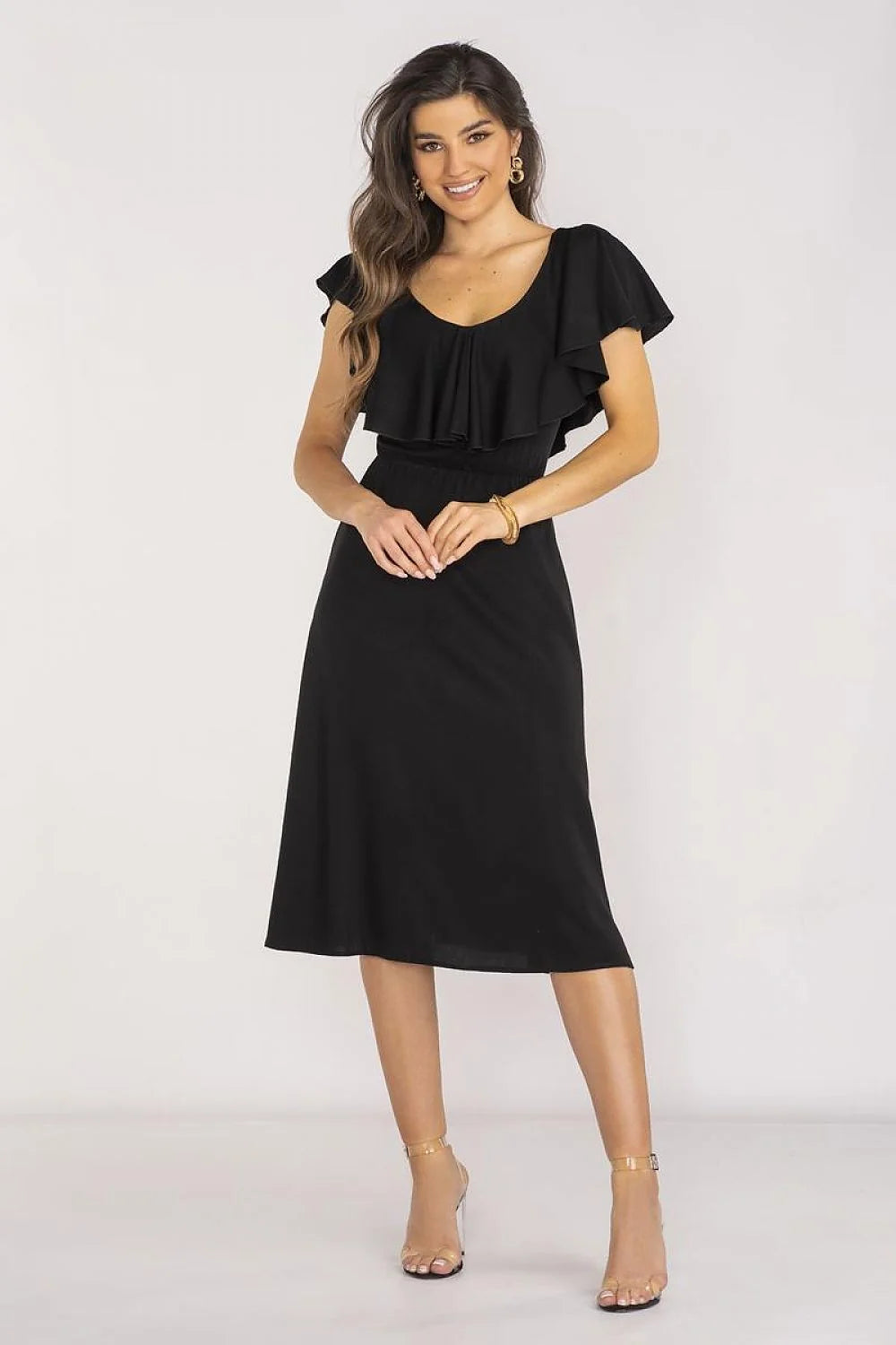 Robe midi élégante en viscose noire manches courtes col en cœur volant taille élastique pour femme occasionnels été soirée romantique