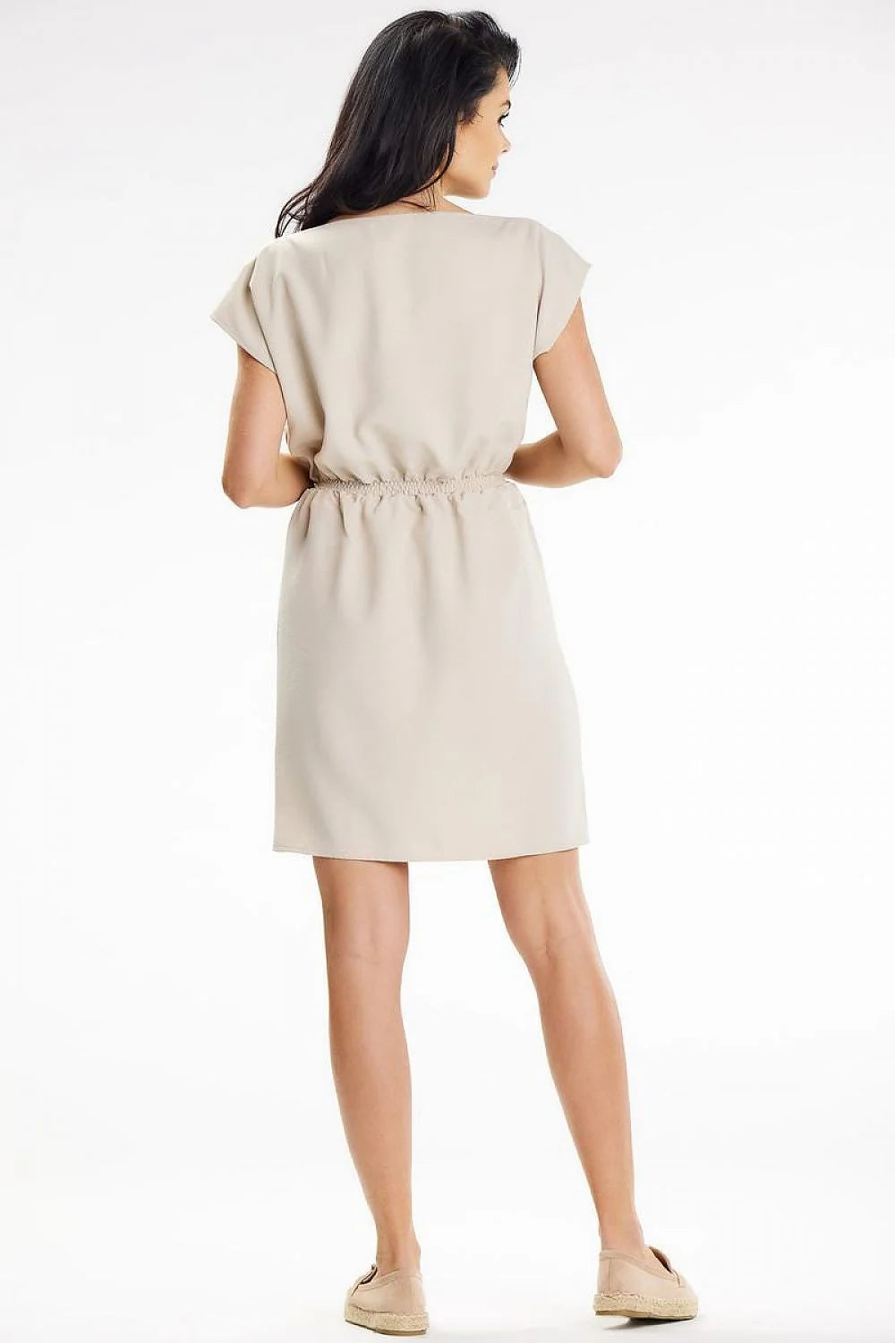 Robe de jour féminine simple élastiquée manches courtes encolure bateau poches zippées beige sand tailles S/M/L/XL