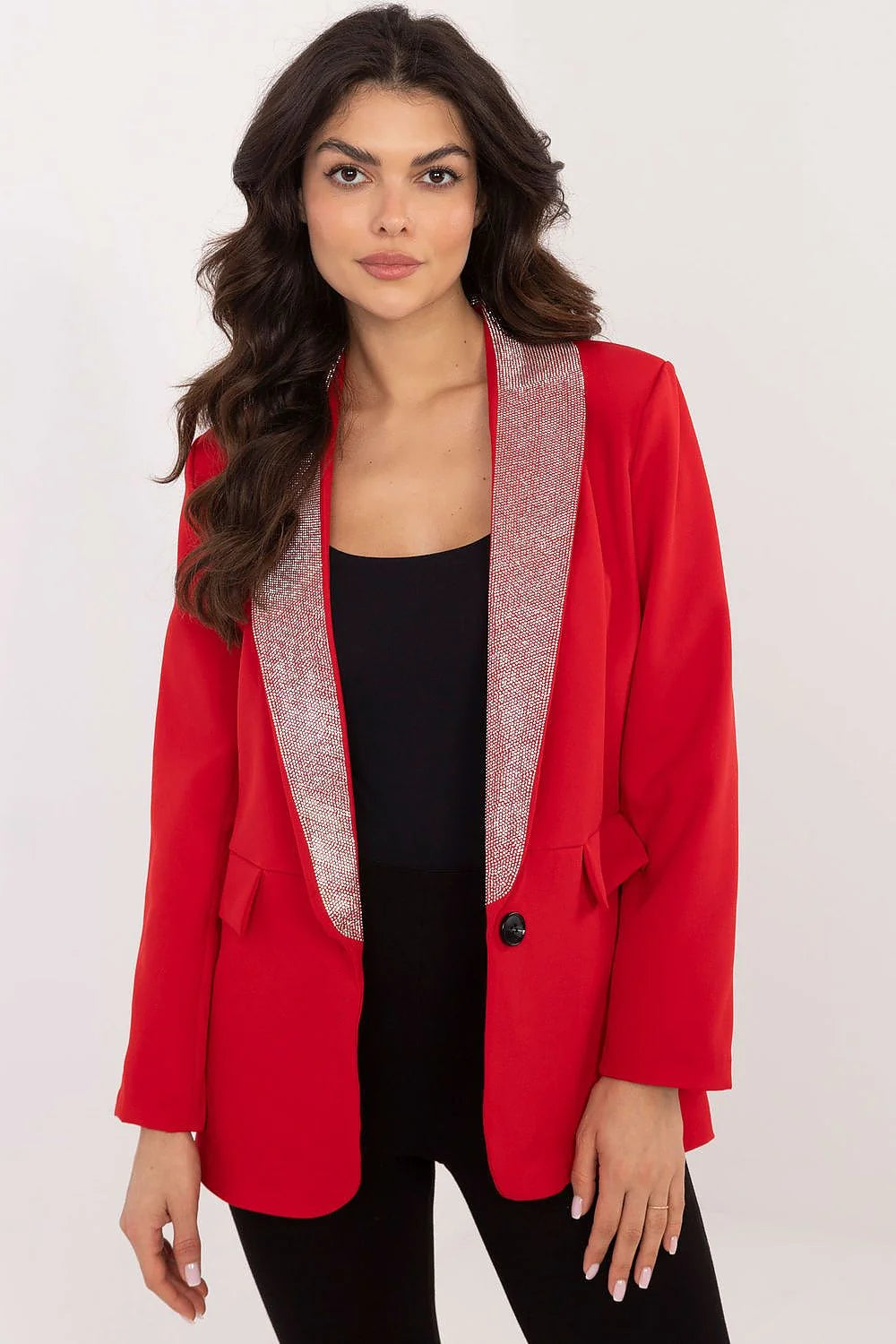 Veste blazer élégante pour femme rouge vif strass manches longues coupe droite occasion spéciale