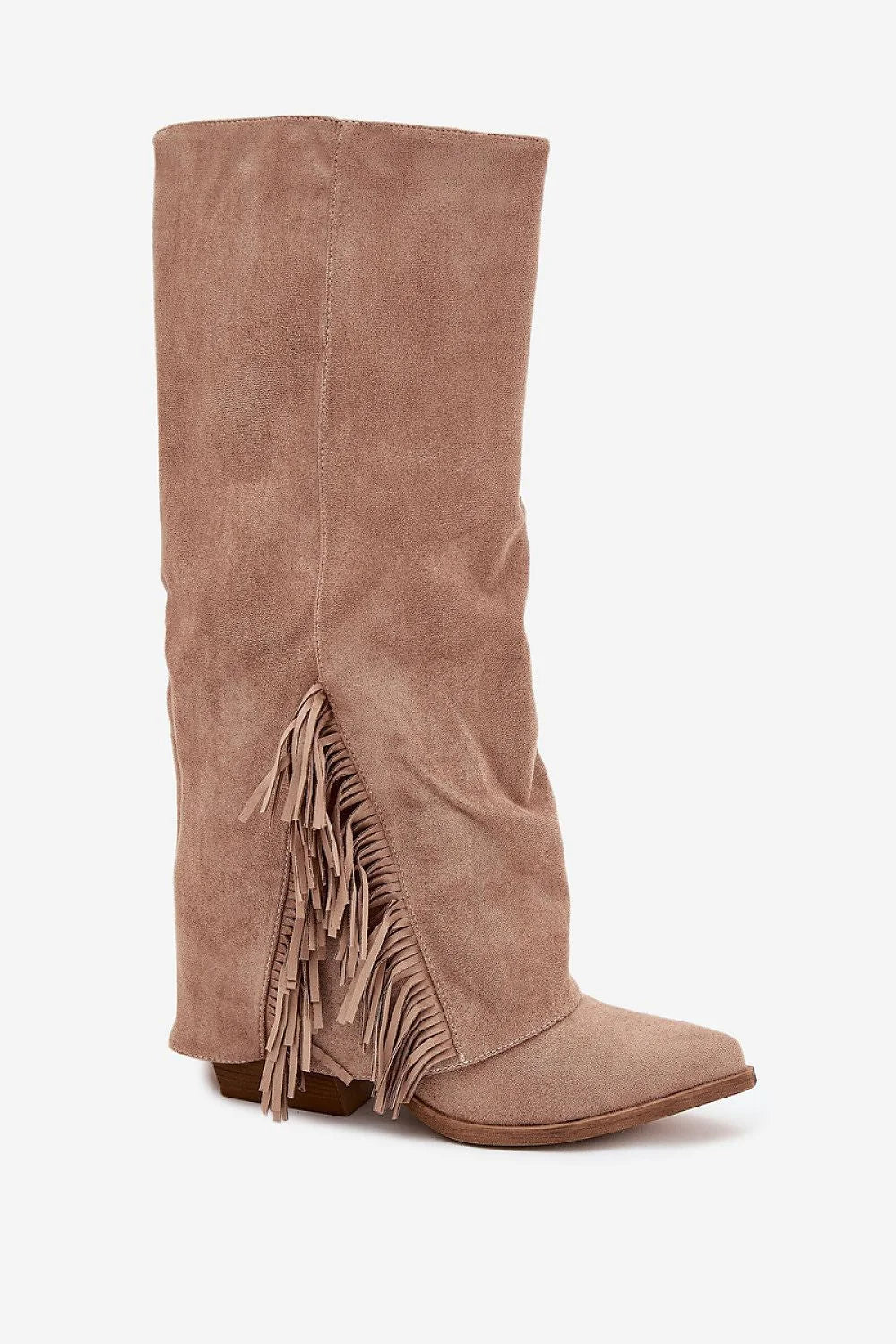 bottes cavalières femme suède écologique talon carré bout pointu franges bohème tige large souple haute daim taupe western