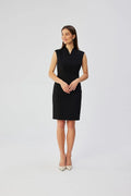 Robe de jour élégante sans manches encolure V plissée noir ajustée femme coupe droite professionnel