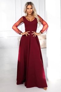 robe longue bordeaux maxi Numoco élégante soirée gala mariage bal décolleté V taille cintrée jupe évasée manches tulle transparentes fluide