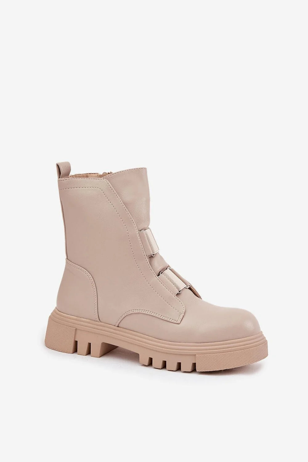 bottine femme similicuir beige rosé micheville sangles frontales décoratives fourrure synthétique semelle plateforme crantée antidérapante chunky urbaine confortable