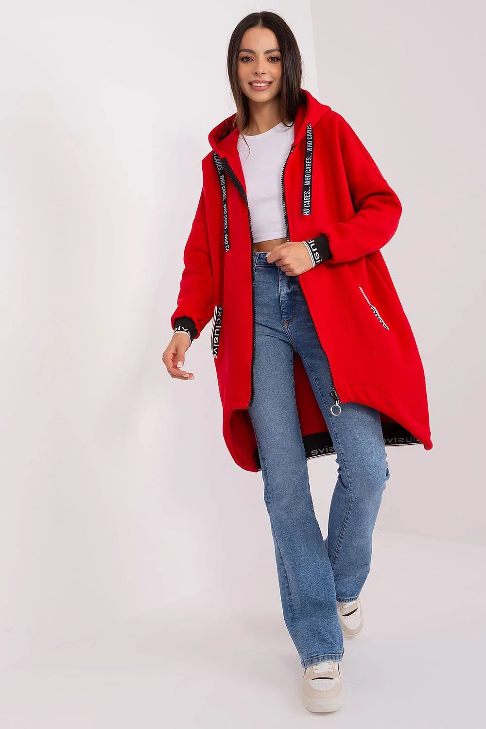 Sweatshirt long oversize streetwear femme couleur rouge vif coton 90% elasthann capuche fermeture éclair poches latérales