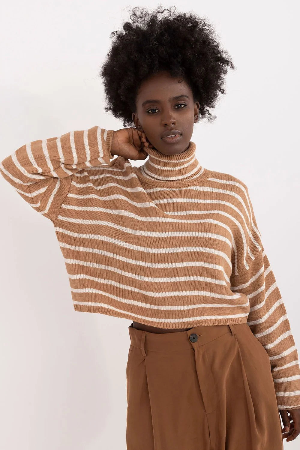 Pull col roulé rayures beige crème matières douces pull court automne hiver femme manches longues coupe ample