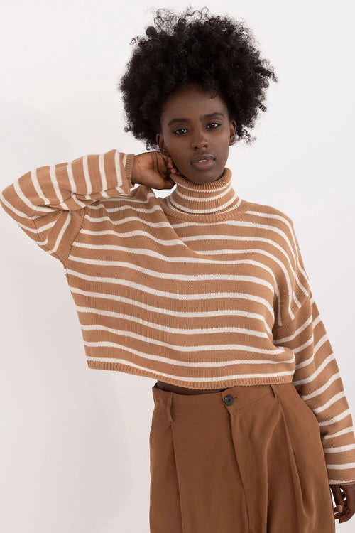 Pull col roulé rayures beige crème matières douces pull court automne hiver femme manches longues coupe ample