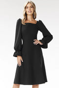 Robe de cocktail élégante en tissu polyester Awama manches longues évasée noire taille ajustable femme
