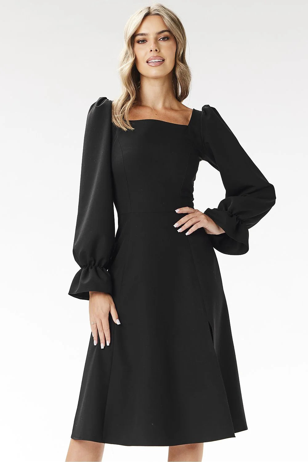 Robe de cocktail élégante en tissu polyester Awama manches longues évasée noire taille ajustable femme