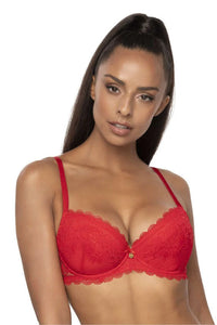 Soutien-gorge push-up dentelle élégant rouge vif bretelles ajustables charm métallique doublure coton microfibre maintien parfait femmes