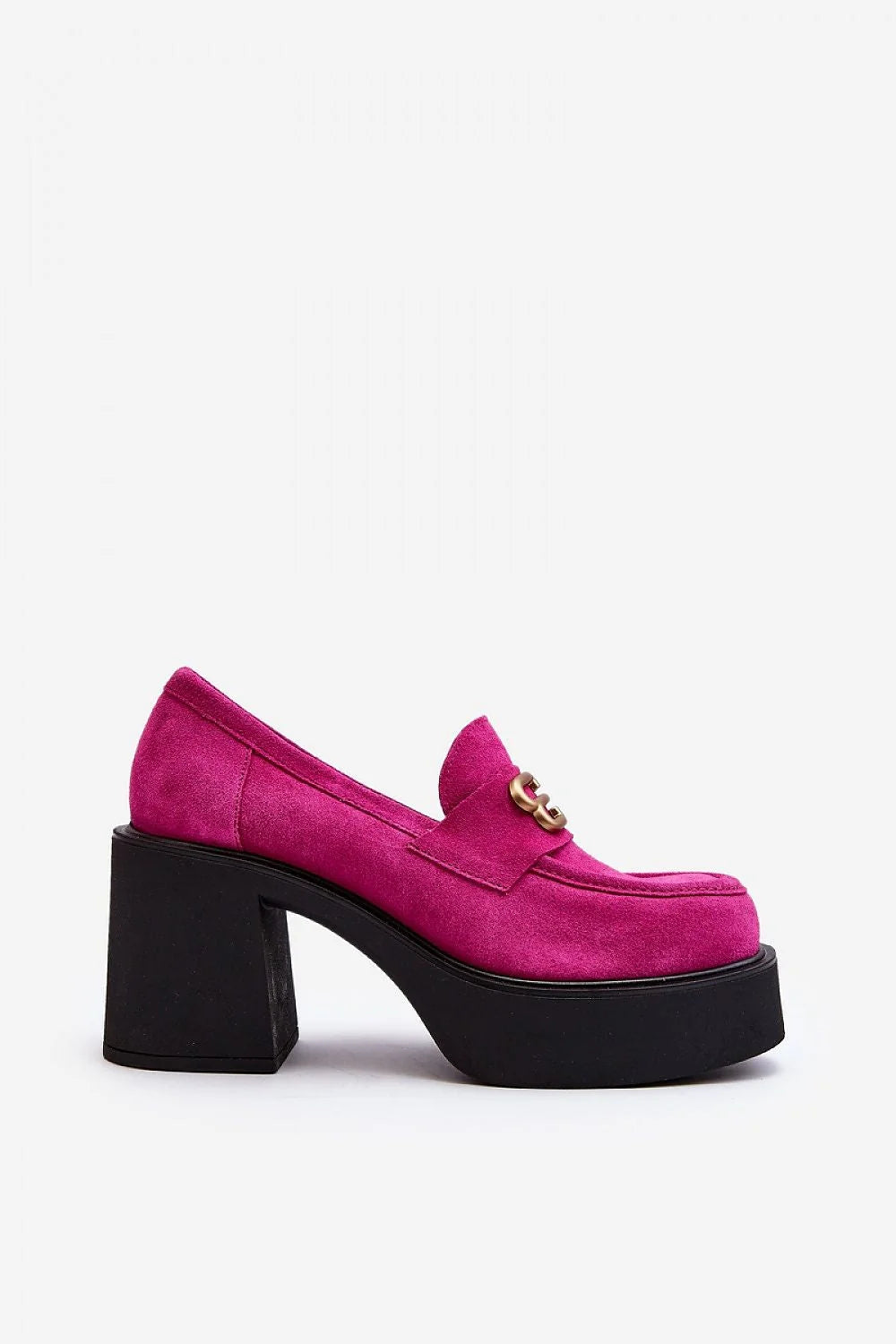 mocassins plateforme talon bloc daim fuchsia suède semelle noire épaisse rond confortable bride décorative double boucle dorée automne printemps femme