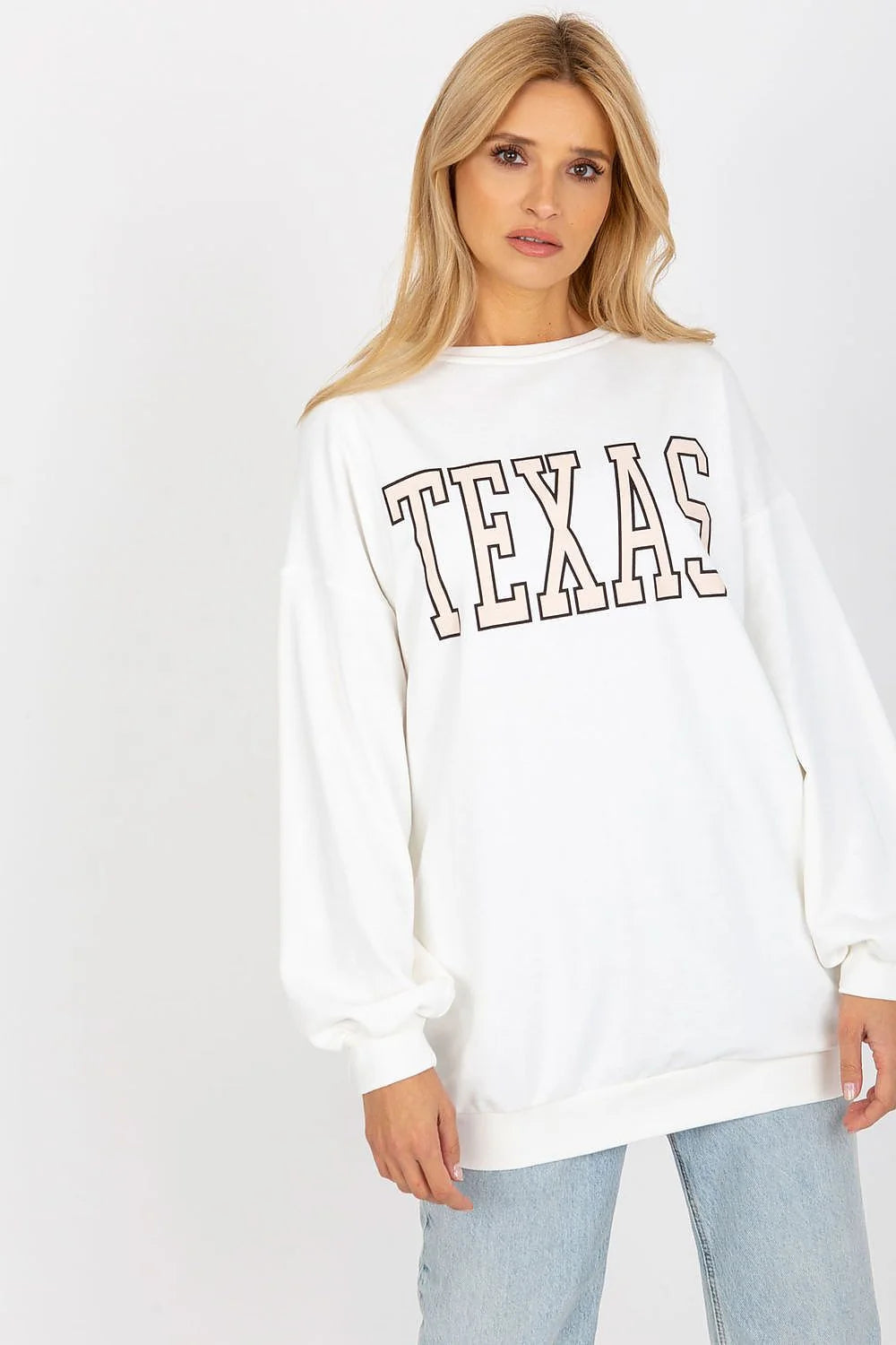 sweatshirt oversize femme long boxy encolure ronde manches ballon molleton coton épais blanc cassé lettrage TEXAS rose pâle poignets côtelés