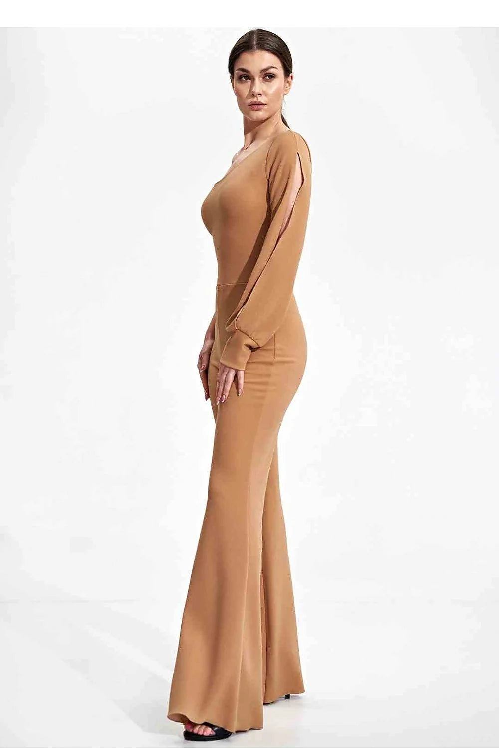 Combinaison élégante asymétrique longue épaule nue matière stretch noire femme soirée événement taille ajustable