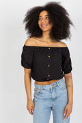 chemisier boho crop noir broderie anglaise bardot épaules dénudées manches courtes bouffantes boutons bois taille élastiquée coton léger estival