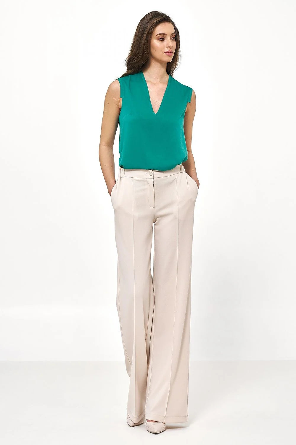 Chemisier Nife ensemble femme vert émeraude beige pantalon taille haute coupe droite manches sans V-neck