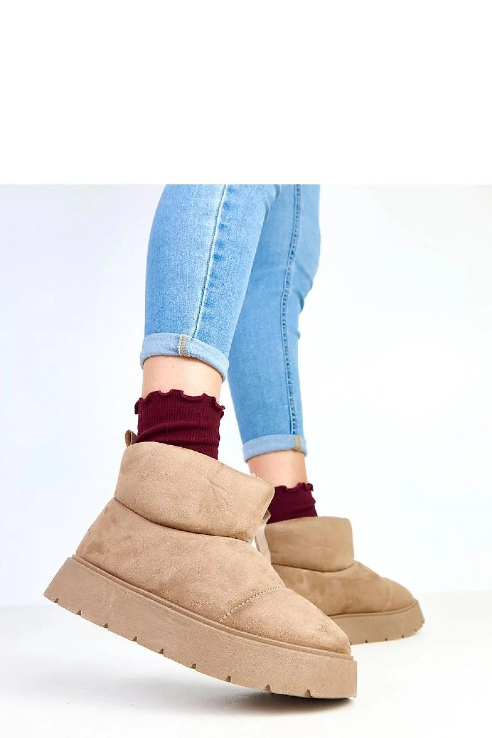 bottines femme cheville suédine camel taupe bout rond plateforme basse 4cm semelle crantée gomme doublure fausse fourrure douce confortable