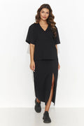 ensemble coordonné féminin moderne élégant midi noir jersey fluide stretch confortable oversize encolure V manches courtes jupe longue fente haute