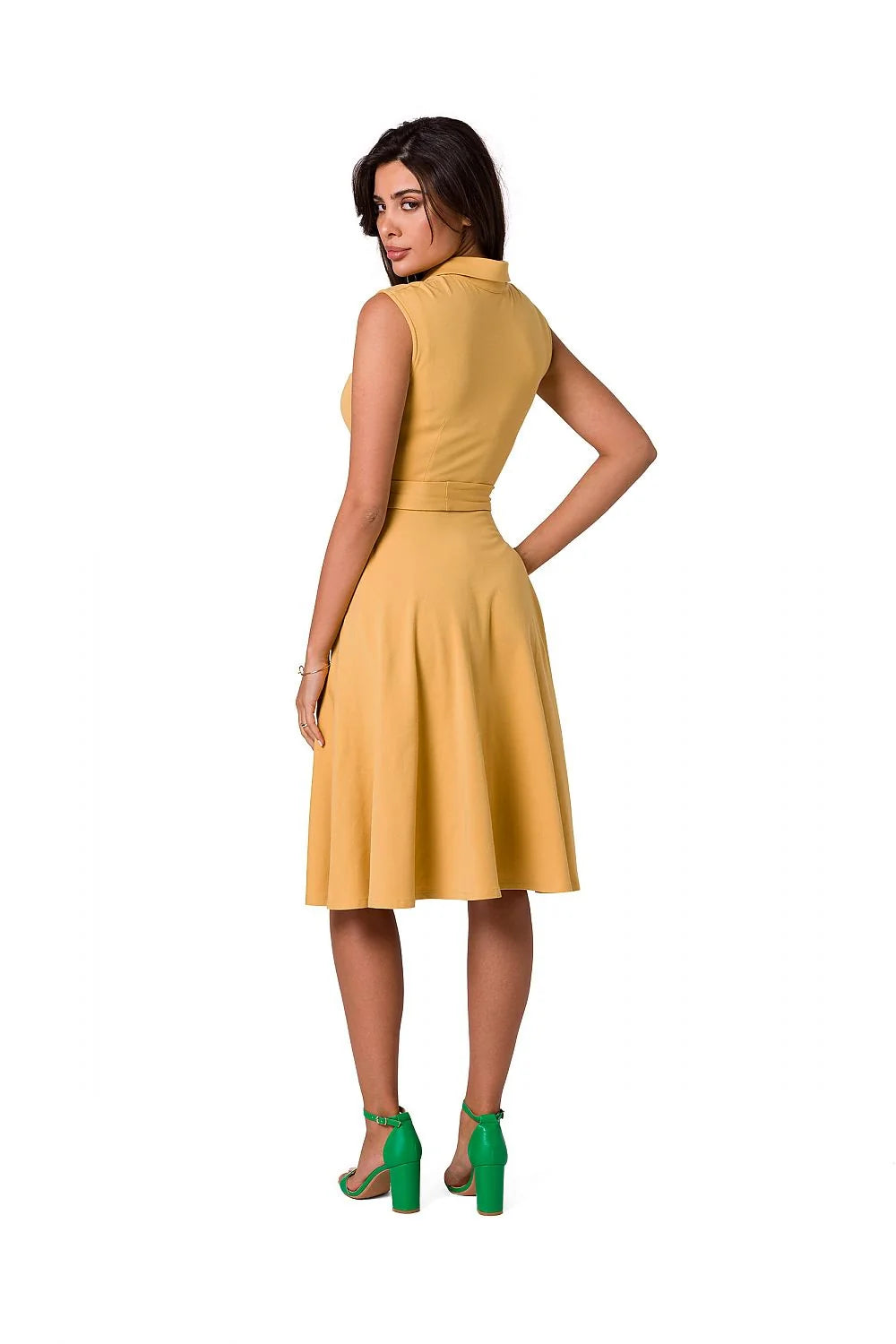 Robe de jour sans manches élégante verte vif ceinture assortie col chemise femmes coton elasthanne taille ajustable occasionnels