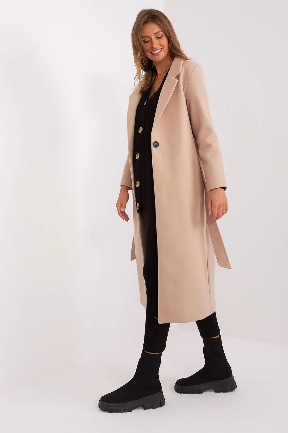 Manteau Och Bella long élégant femme style classique beige coupe droite col revers poches latérales polyester doublure chaude