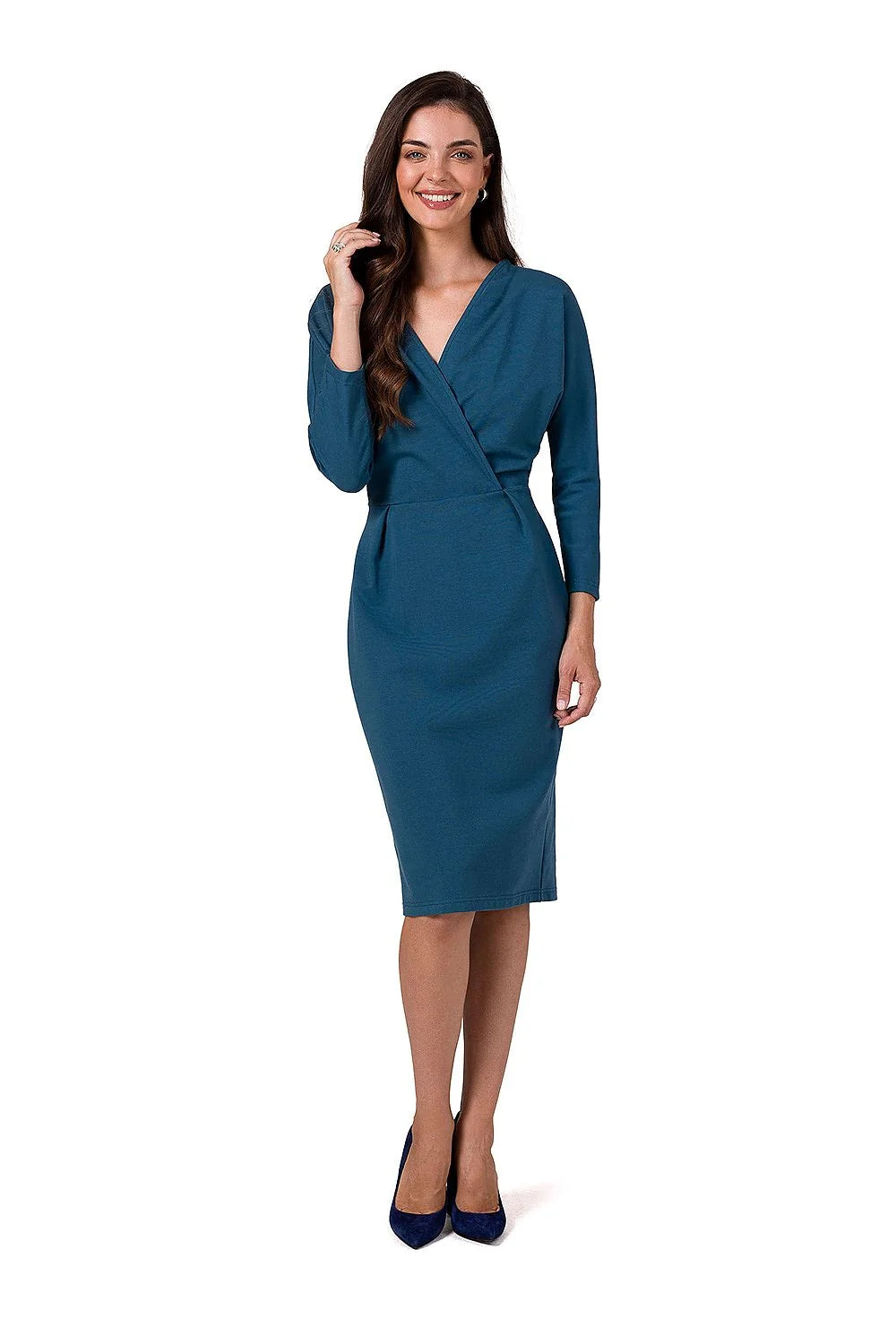 Robe de jour Be Wear élégante en jersey couleur bleu pétrole manches longues encolure V croisée coupe ajustée à la taille longueur genoux femmes