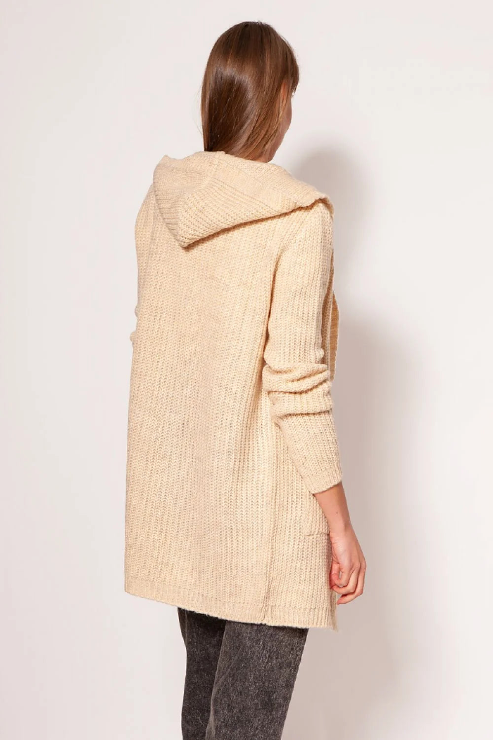 Cardigan long ouvert pour femme en tricot maille rouge vif coupe ample épaules tombantes manches longues poches intégrées matières mixtes acrylique polyester laine