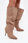 bottes hautes femme suédine taupe tige mi mollet slouch talon aiguille 9 5 cm bout pointu coupe fuselée élégante