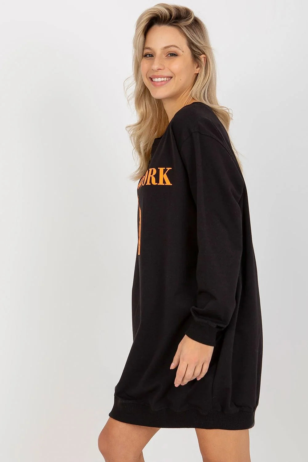 Robe sweat oversize femme style urbain graphique NEW YORK Statue de Liberté noir orange longueur midi tissu jersey confort durable