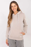 sweatshirt femme capuche molleton beige coupe droite cordon blanc réglable poche kangourou bords côtes manches longues confortable durable