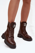 bottines femme cuir écologique marron foncé bout rond tige cheville lacets zip œillets métalliques semelle crantée doublure mousse chaude