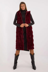 Gilet sans manches pour femme en fausse fourrure coupe longue capuche bordeaux élégance automne hiver