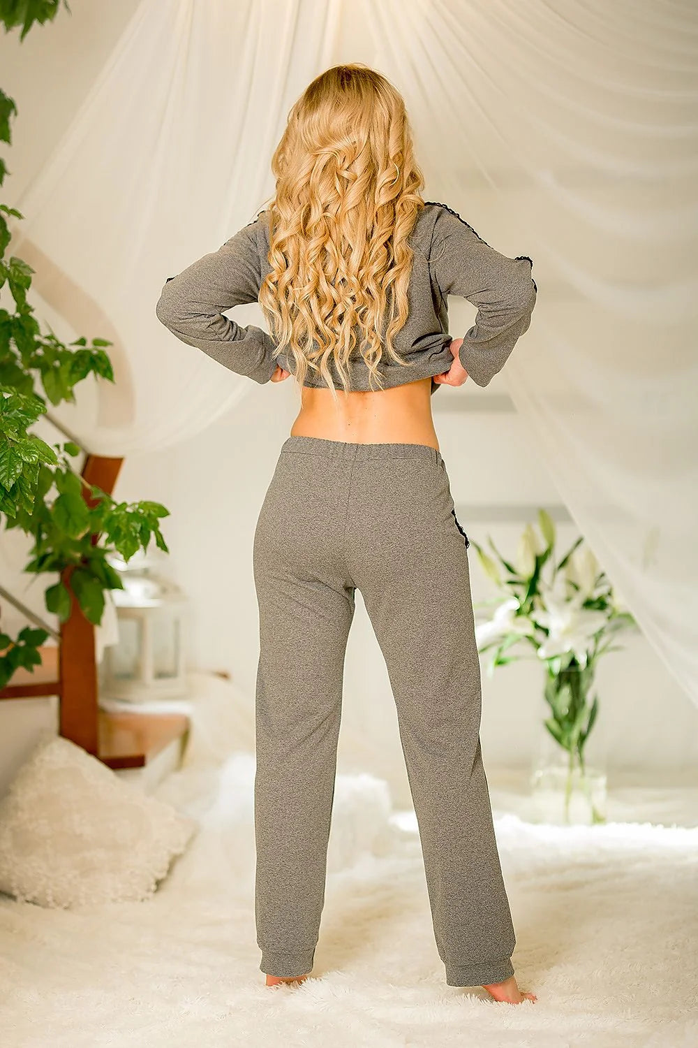 pantalon survêtement kalimo coton élasthanne doux bohème dentelle poches gris chiné taille élastique jambe droite resserré cocooning confortable