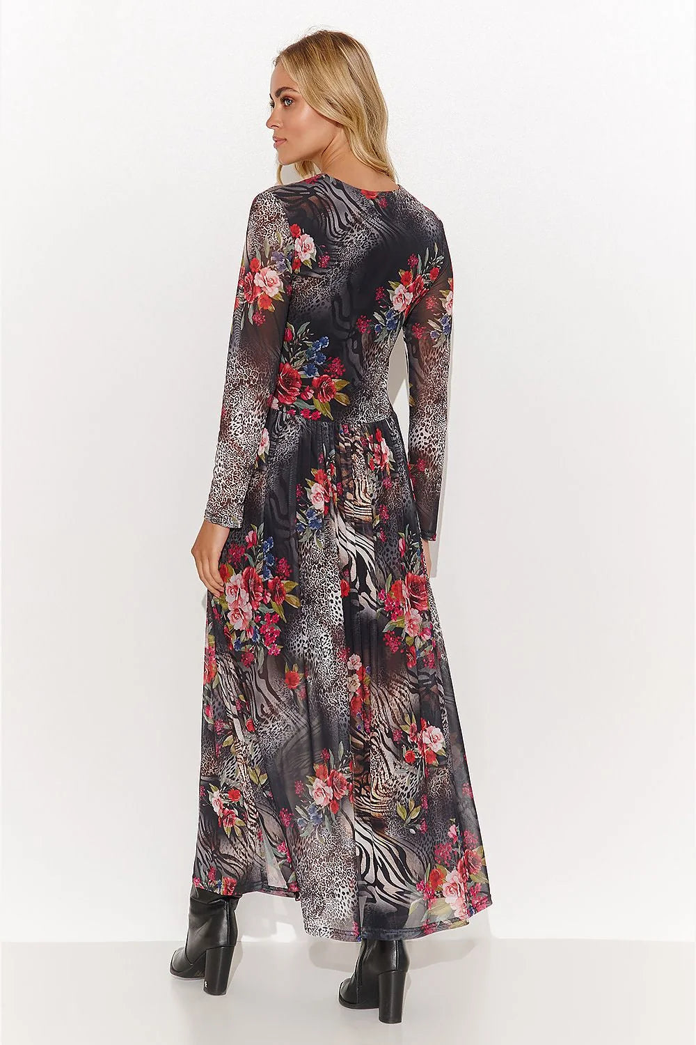 Robe femme longue motifs animaliers fleurs colorées encolure ronde manches longues tissu fluide semi-transparente taille ajustée