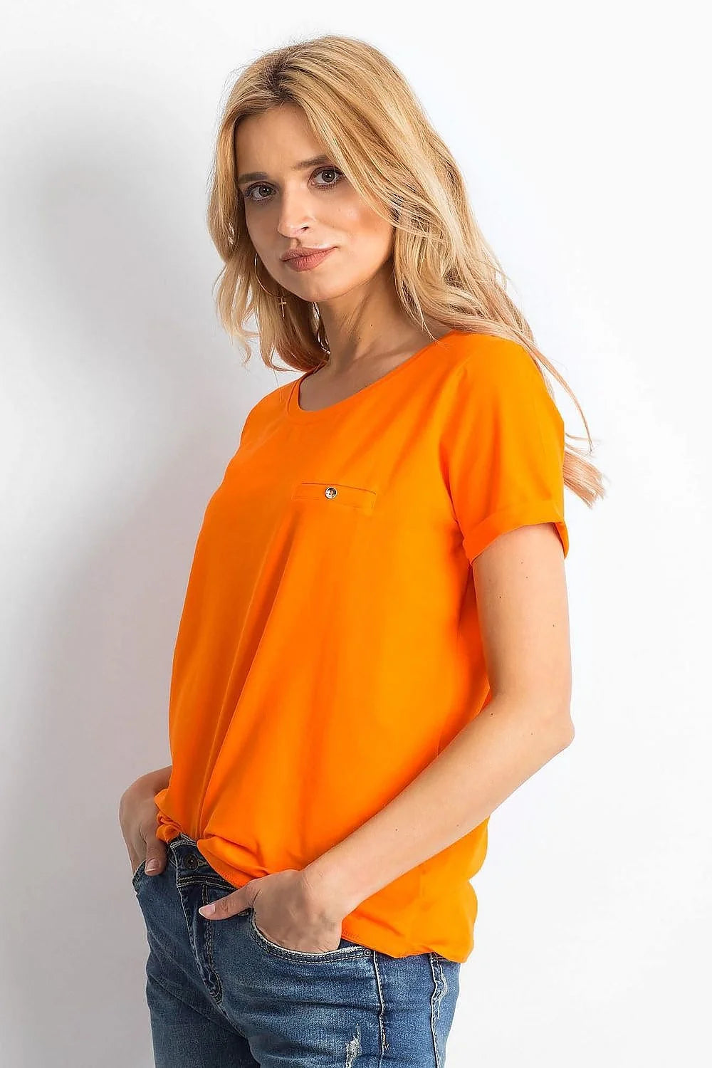 T-shirt pour femme simple et moderne en coton orange vif manches courtes col rond coupe droite confortable occasion quotidienne