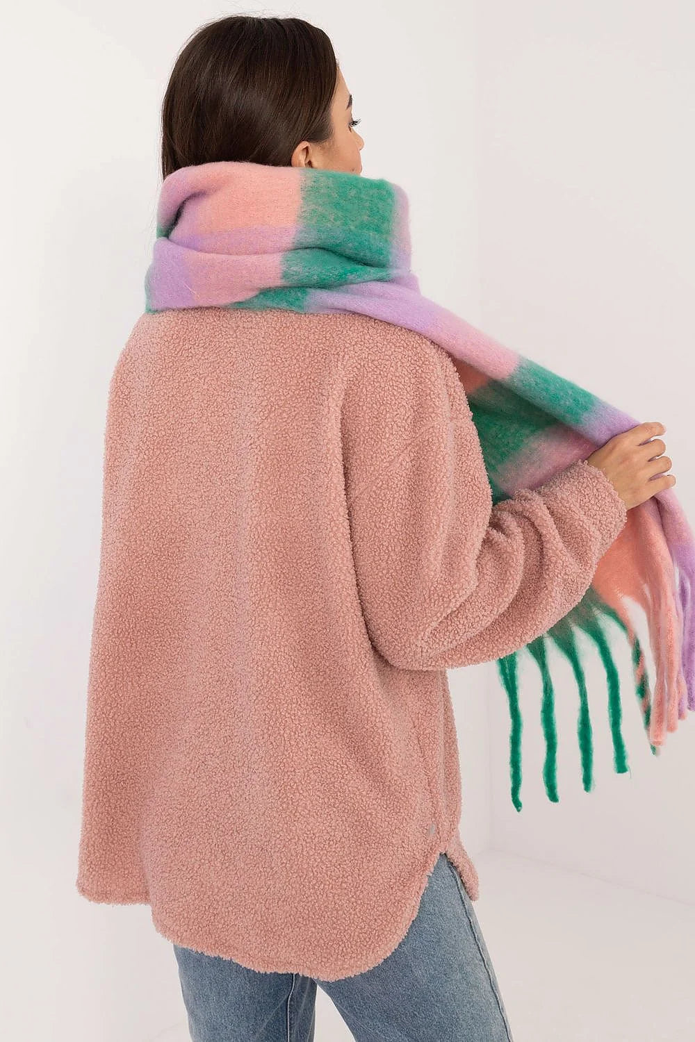Écharpe large en polyester motif carreaux couleurs pastel style oversize avec franges pour femme