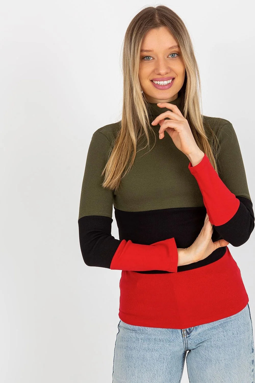 Pull col roulé multicolore maille côtelée coton élasthanne bleu rose vert ajusté manches longues ourlets nets design moderne
