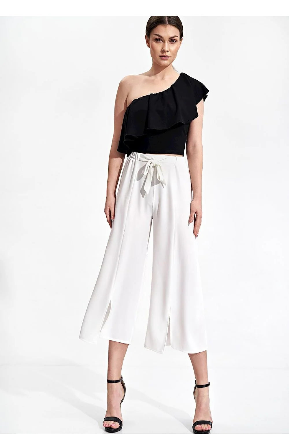 Pantalon femme Figl asymétrique culotte vert vif ceinture nouée coupe ample polyester 100% taille ajustable occasion élégante