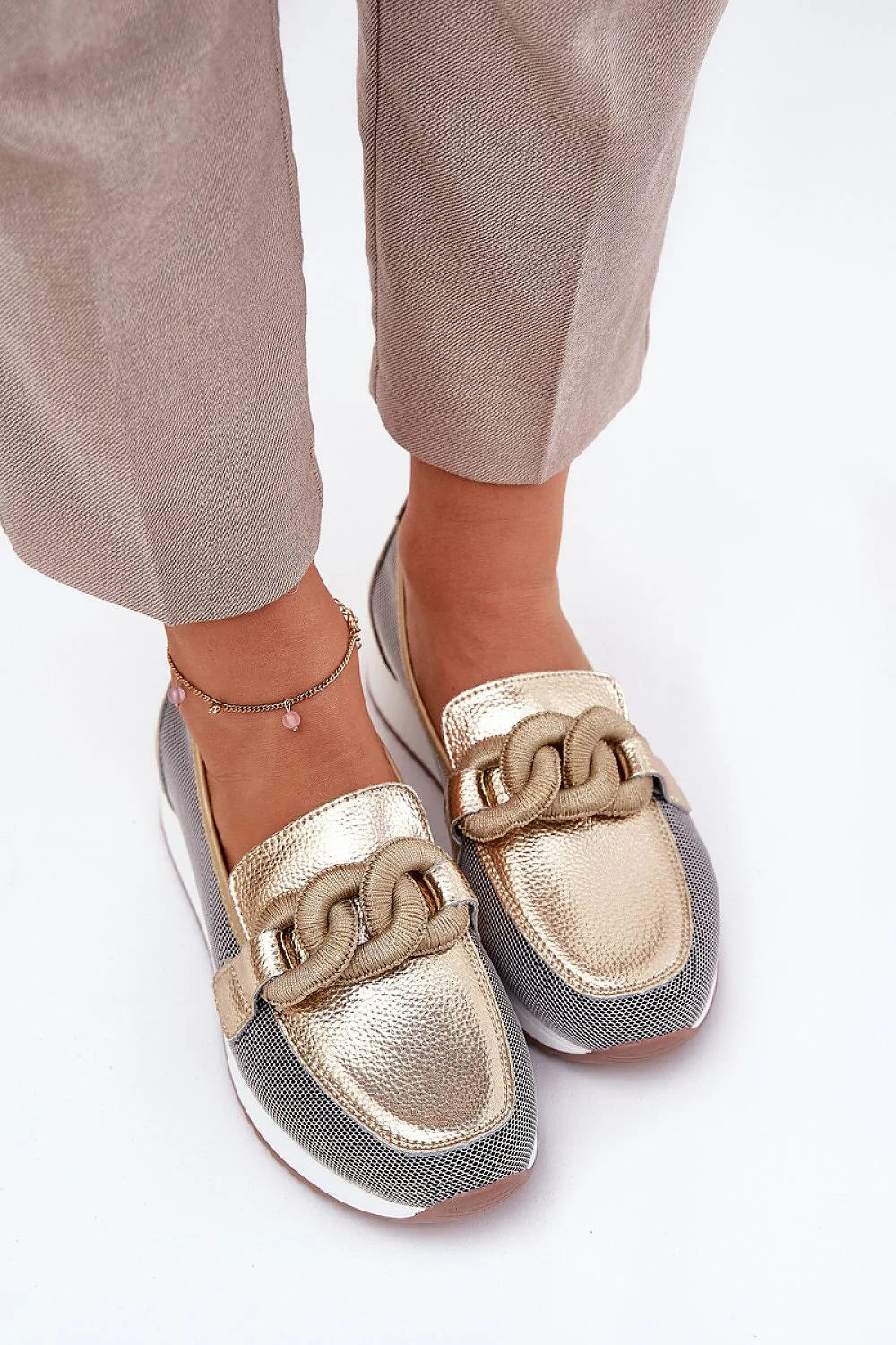 Mocassins pour femmes style élégant mixte cuir textile doré argenté bout arrondi chaîne-detail plateforme confort occasion quotidienne élégante