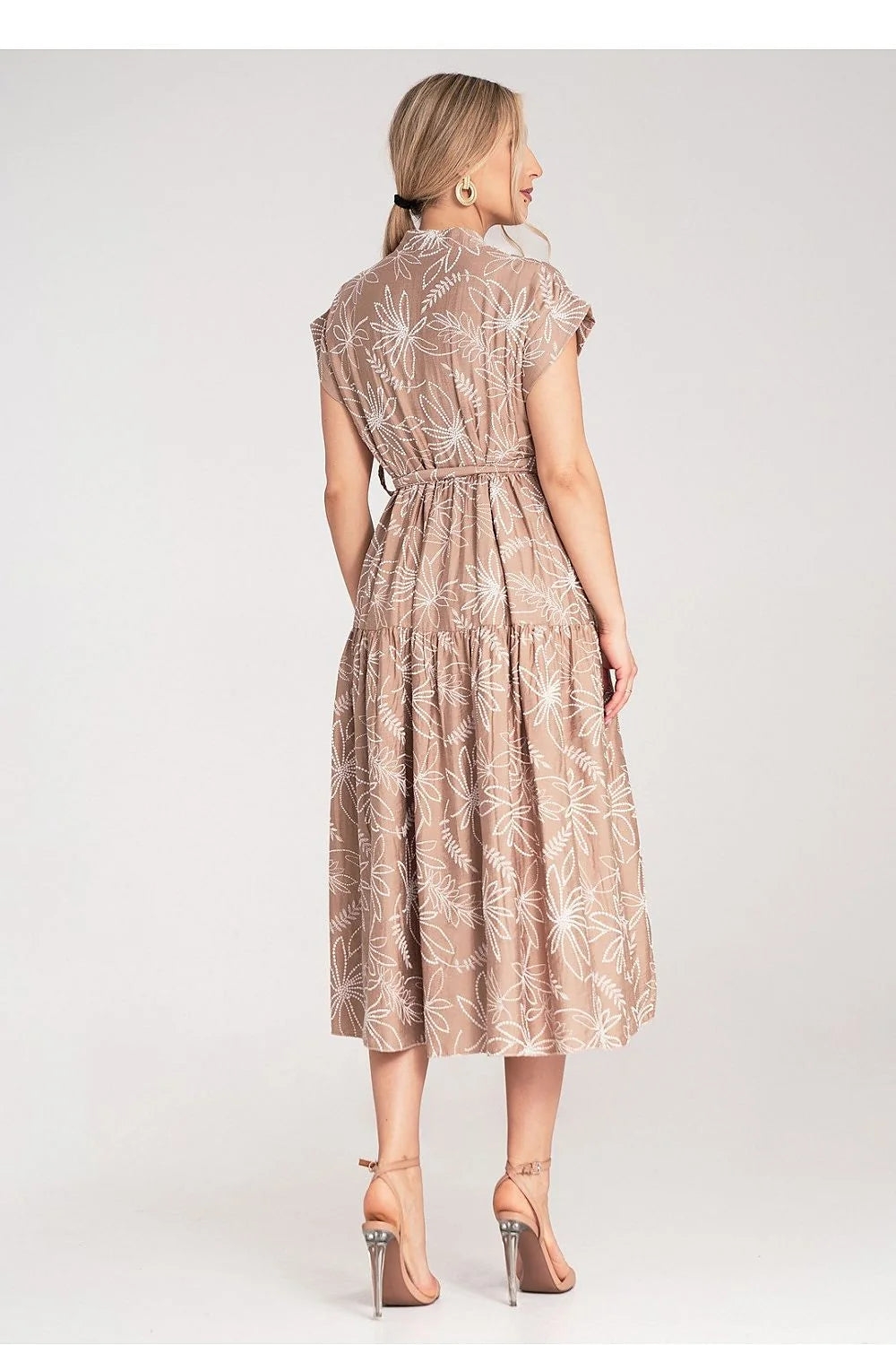 Robe de jour élégante midi manches courtes col rond en nylon et viscose avec ceinture ajustable pour femme