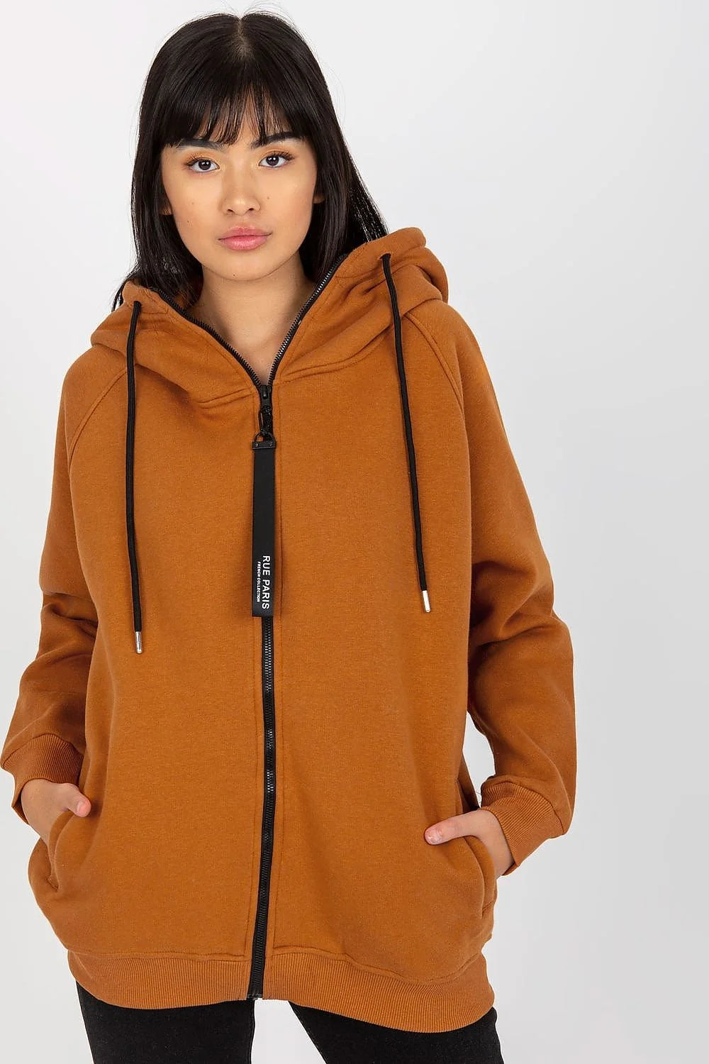 Sweatshirt femme Rue Paris à capuche et fermeture éclair en coton 76% élasthanne 4% polyester 20% manches longues poches latérales couleur caramel brun