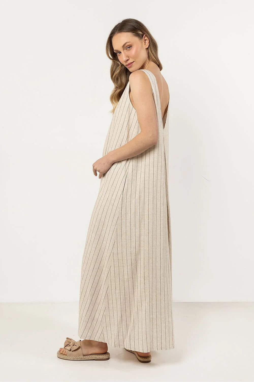 Robe de jour awama longue sans manches en lin coton rayures verticales beige clair femme