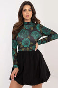 robe courte manches longues col montant haut côtelé stretch imprimé roses vert émeraude taille marquée jupe bouffante mini élégante