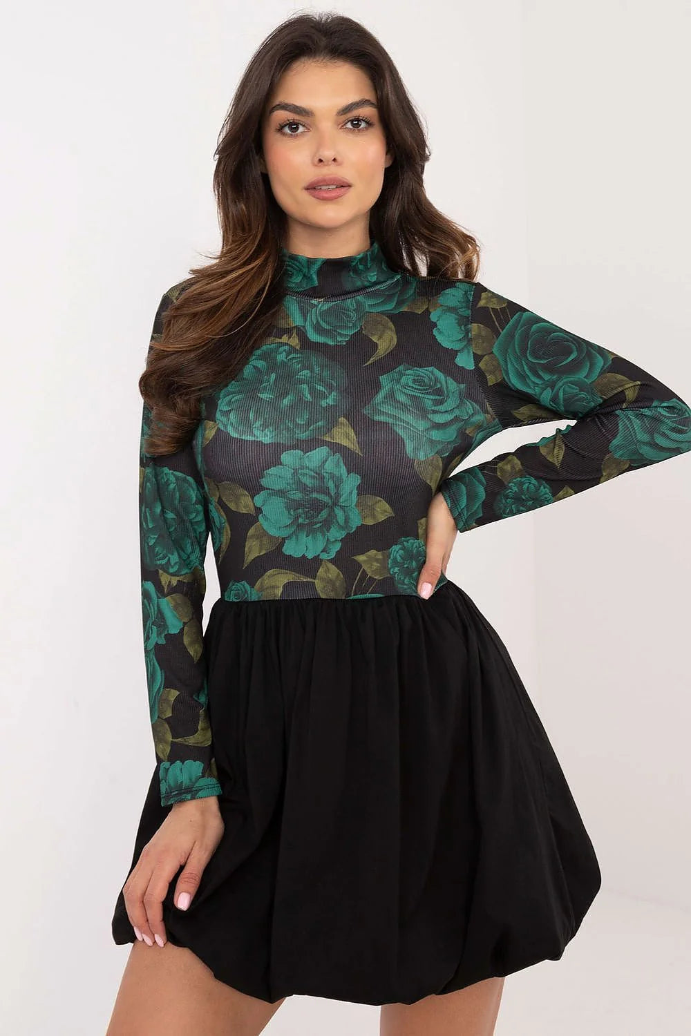 robe courte manches longues col montant haut côtelé stretch imprimé roses vert émeraude taille marquée jupe bouffante mini élégante