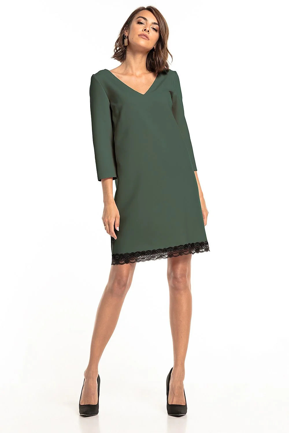 Robe élégante en polyester vert foncé avec dentelle noire manches trois-quarts encolure V sophistiquée