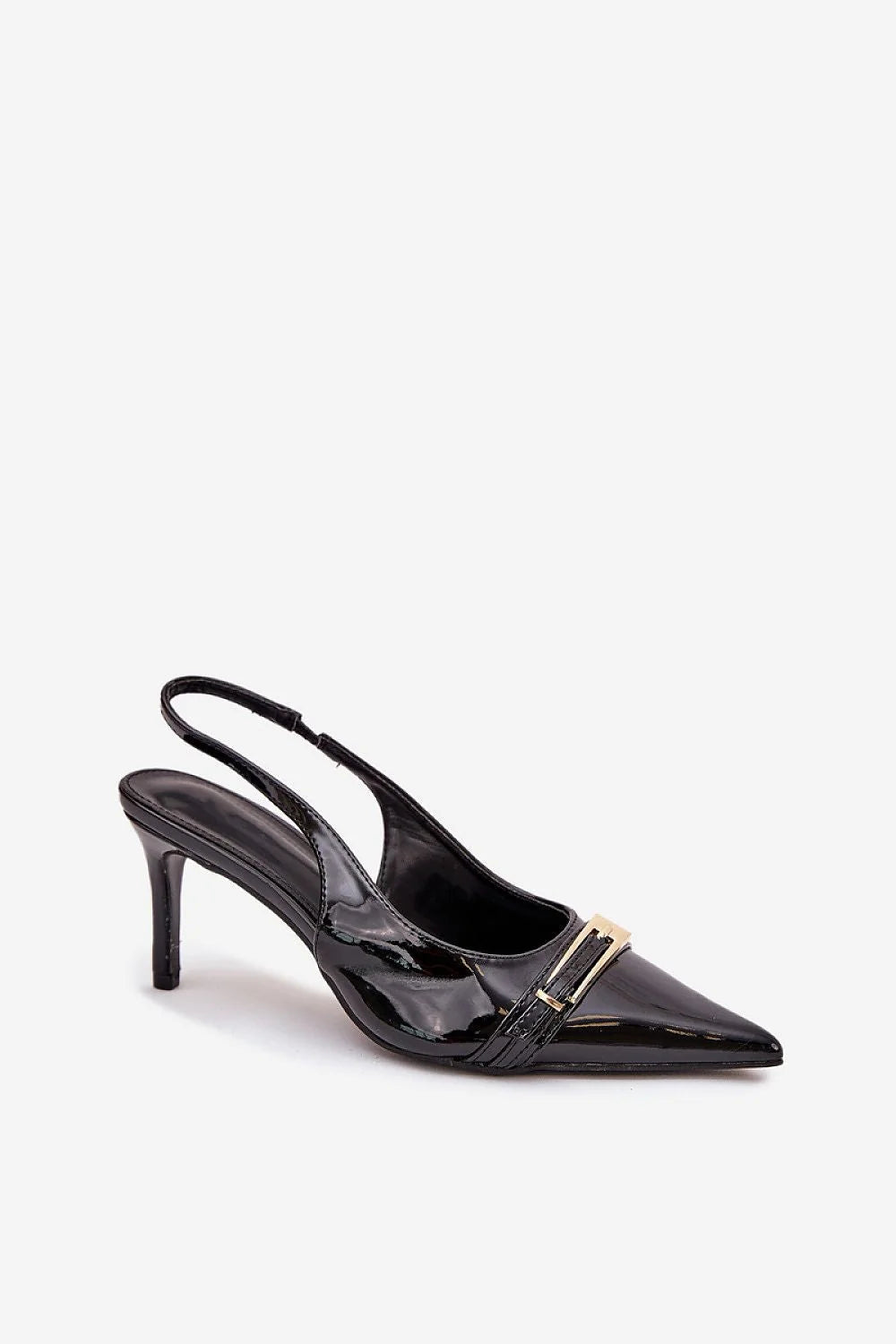 escarpins femme cuir verni noir talon aiguille bride arrière ouverte bout pointu lanière boucle dorée brillant soirée chic élégant